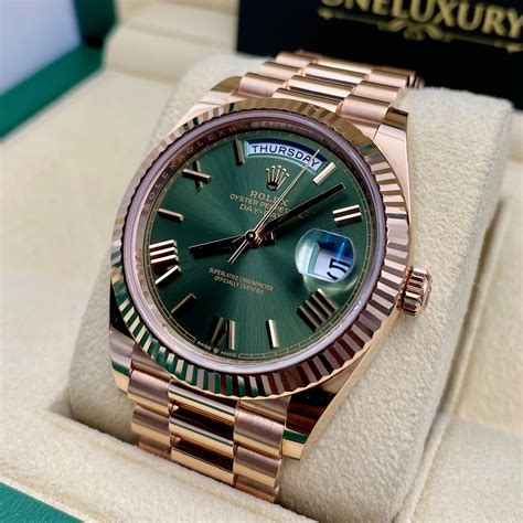 rolex rose gold olive green|rolex day date 40 olive dial.